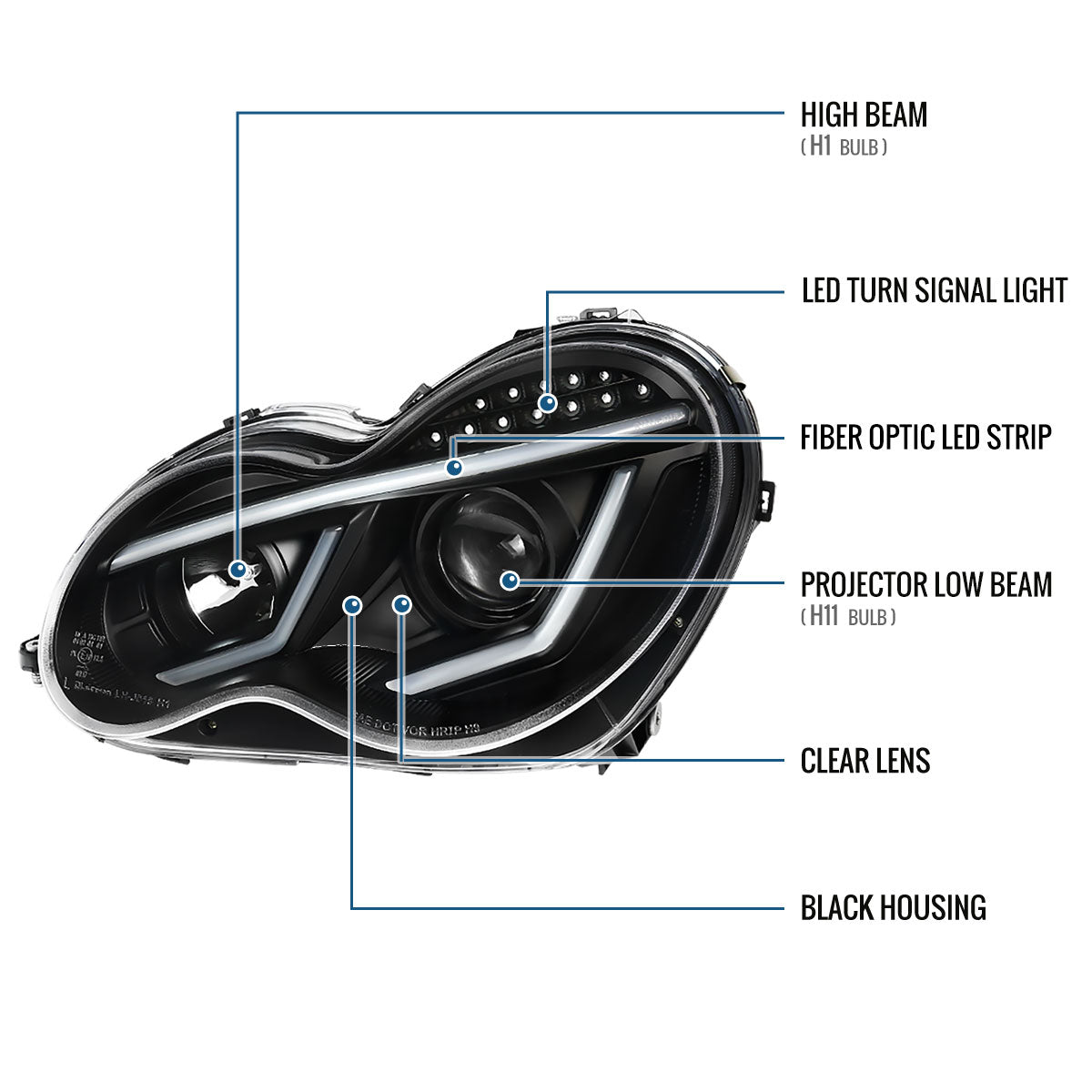 Ronnin - Compatible con Mercedes Benz C230 C240 C280 C320 Sedan años 2001-2007, montaje de faros delanteros con proyector y luces LED de circulación diurna, par | Negro