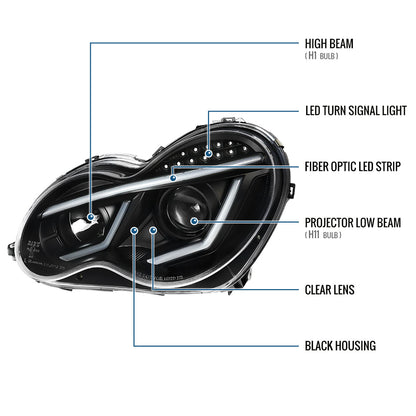 Ronnin - Compatible con Mercedes Benz C230 C240 C280 C320 Sedan años 2001-2007, montaje de faros delanteros con proyector y luces LED de circulación diurna, par | Negro