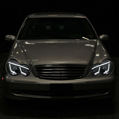 Ronnin - Compatible con Mercedes Benz C230 C240 C280 C320 Sedan años 2001-2007, montaje de faros delanteros con proyector y luces LED de circulación diurna, par | Negro