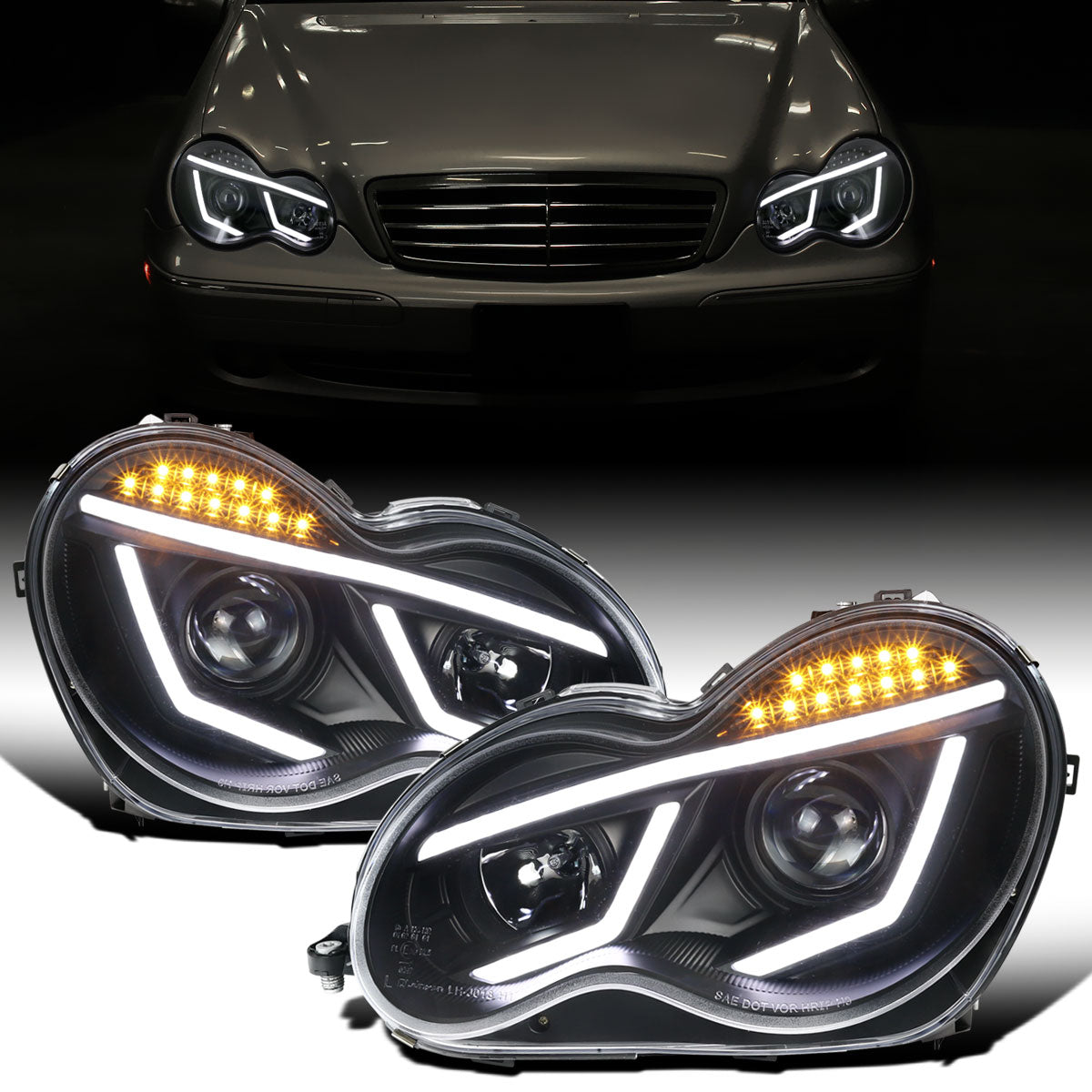 Ronnin - Compatible con Mercedes Benz C230 C240 C280 C320 Sedan años 2001-2007, montaje de faros delanteros con proyector y luces LED de circulación diurna, par | Negro