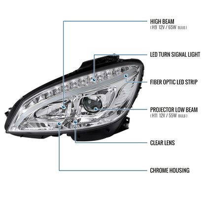 Ronnin - Compatible con Mercedes-Benz C300 C350 2008-2011 Faros delanteros con proyector de señales de giro LED de repuesto mejorados Par | Cromado