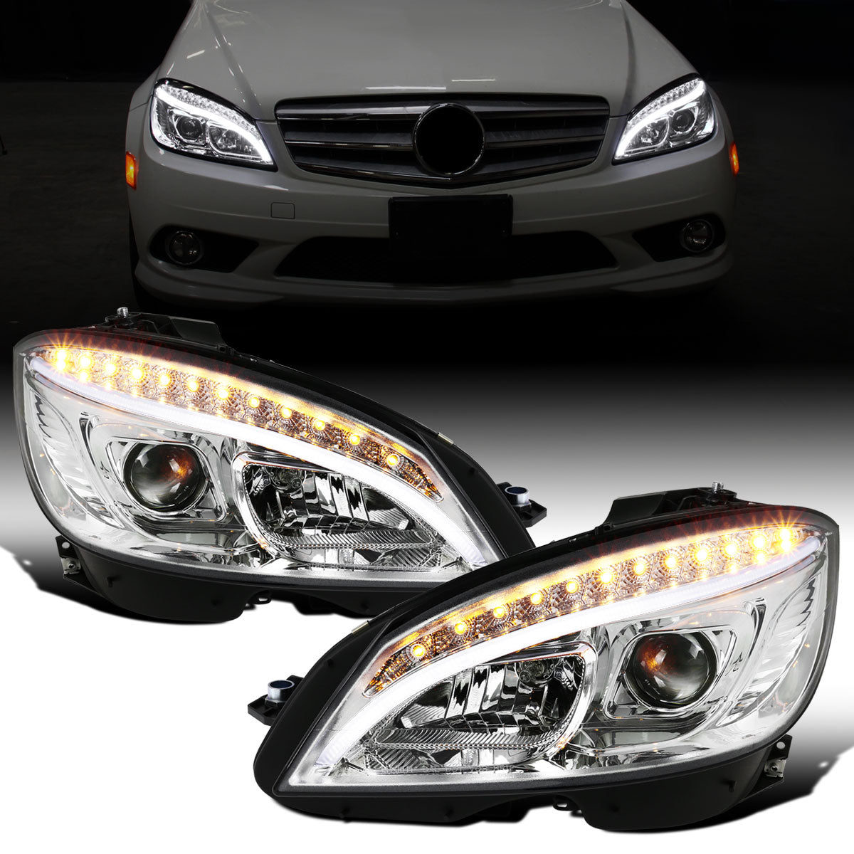 Ronnin - Compatible con Mercedes-Benz C300 C350 2008-2011 Faros delanteros con proyector de señales de giro LED de repuesto mejorados Par | Cromado