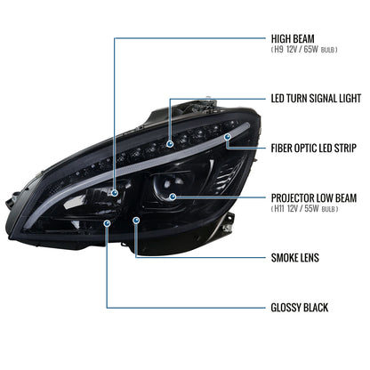 2008-2011 Mercedes-Benz C300 C350 Upgraded Replacement LED Turn Signals Projector Headlights Assembly Pair | Black Smoke
