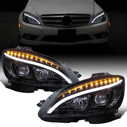 2008-2011 Mercedes-Benz C300 C350 Upgraded Replacement LED Turn Signals Projector Headlights Assembly Pair | Black Smoke