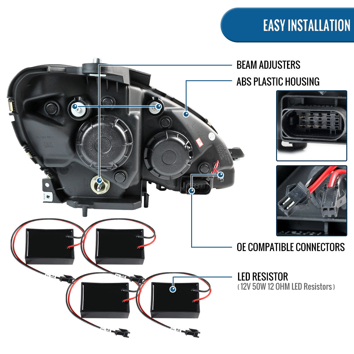Ronnin - Compatible con Mercedes-Benz C300 C350 2008-2011, par de faros delanteros con proyector y luces direccionales LED de reemplazo mejorado | Negro
