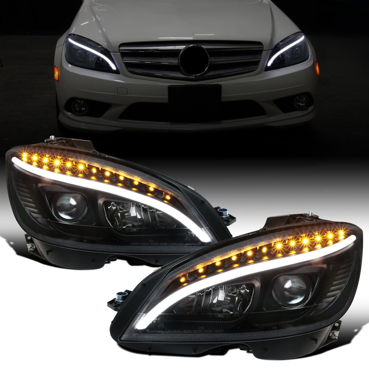 Ronnin - Compatible con Mercedes-Benz C300 C350 2008-2011, par de faros delanteros con proyector y luces direccionales LED de reemplazo mejorado | Negro