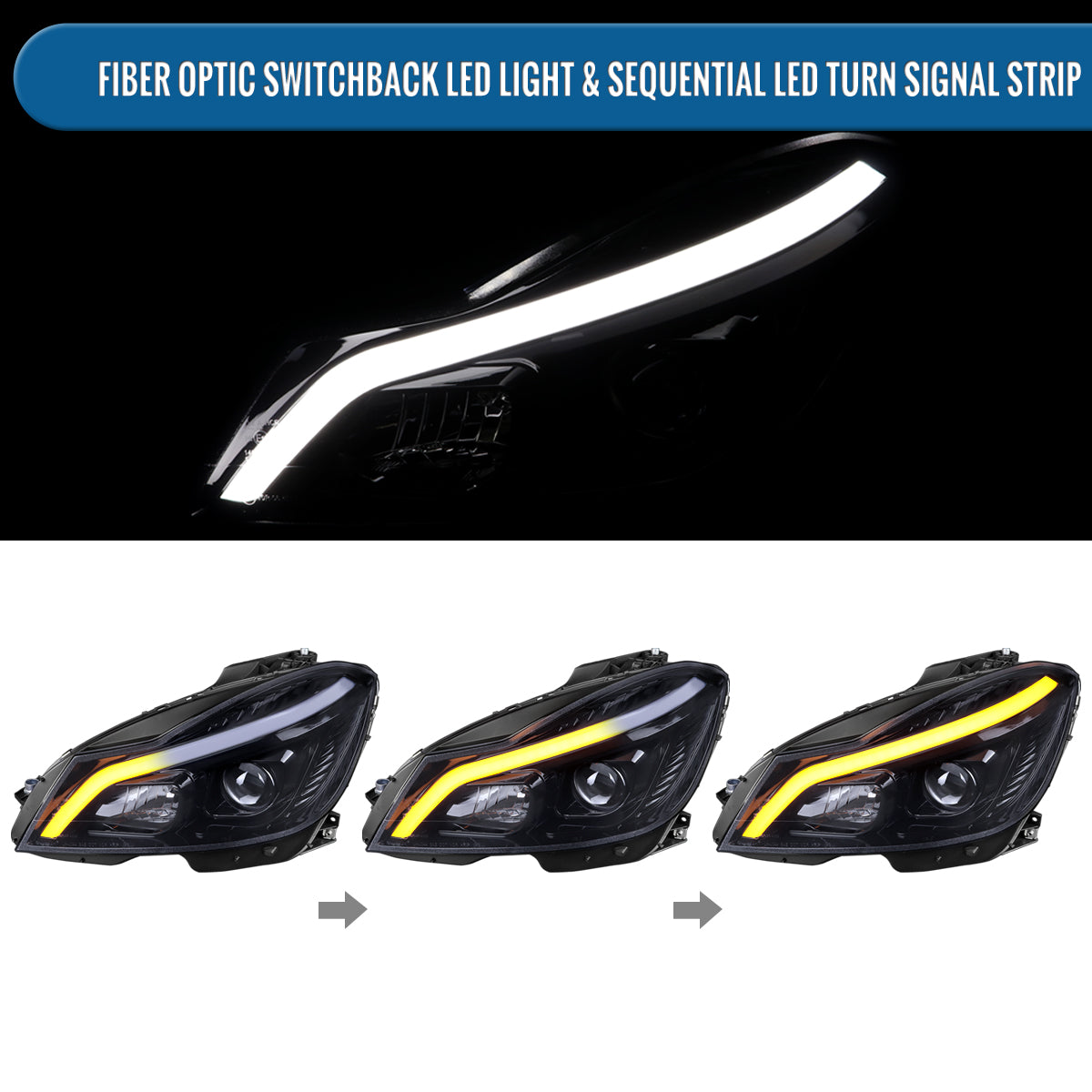 Ronnin - Fits 2012-2015 Mercedes-Benz W204 C-Class 2Dr 4Dr C180 C250 C350 2Dr Switchback LED Sequential Turn Signal Halogen Projector Headlights Assembly Pair | Black Smoke