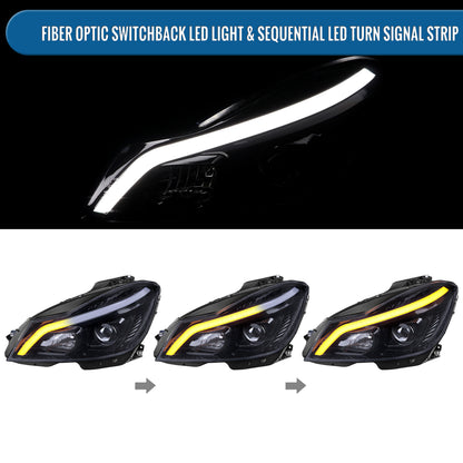 Ronnin - Fits 2012-2015 Mercedes-Benz W204 C-Class 2Dr 4Dr C180 C250 C350 2Dr Switchback LED Sequential Turn Signal Halogen Projector Headlights Assembly Pair | Black Smoke