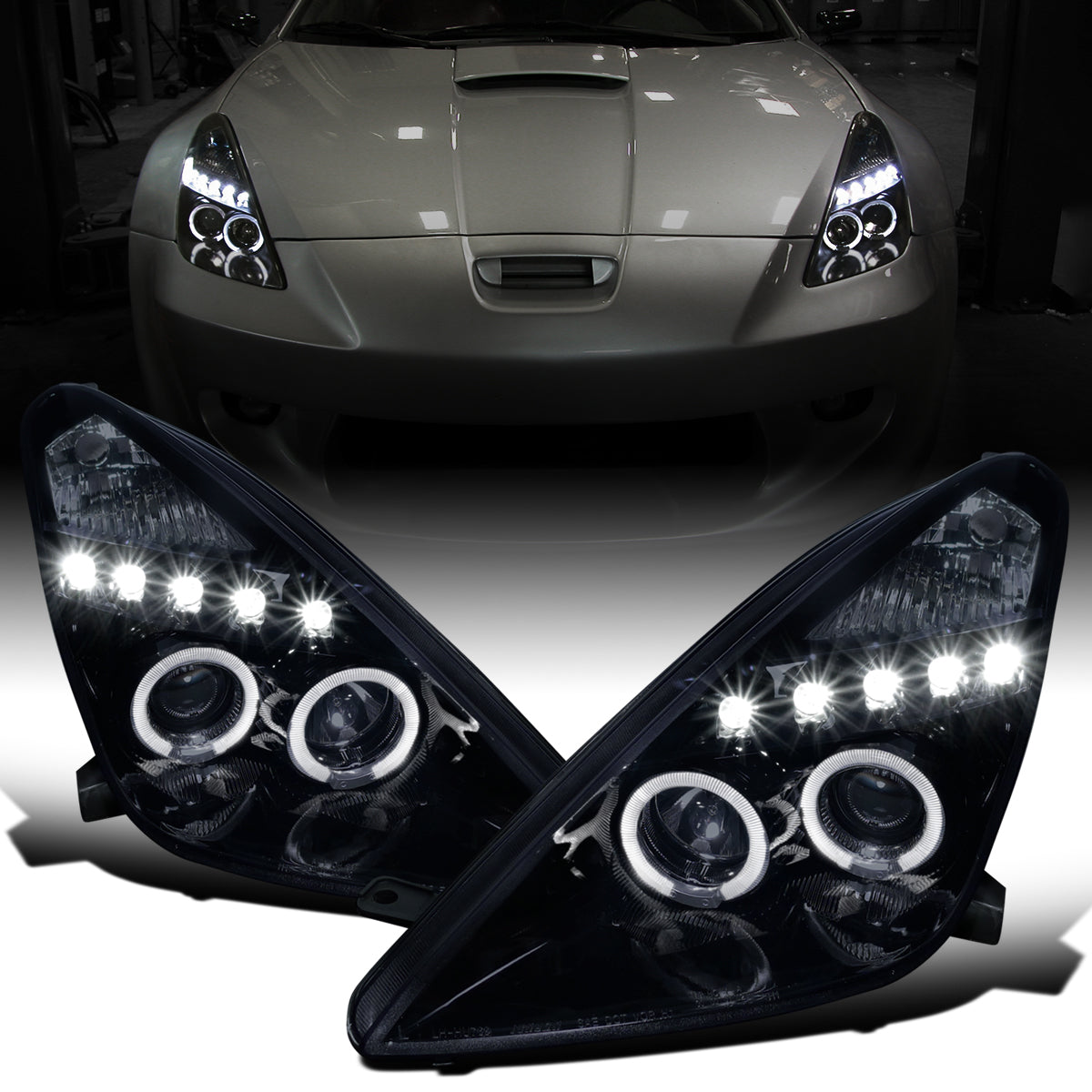 Ronnin - Fits 2000-2005 Toyota Celica LED Dual Rims Projector Headlights Assembly Replacement Pair | Black Smoke
