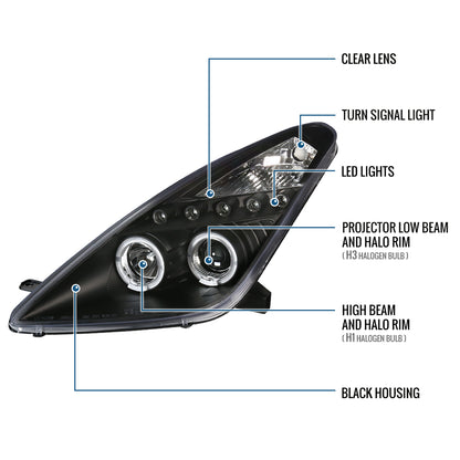 Ronnin - Fits 2000-2005 Toyota Celica LED Dual Rims Projector Headlights Assembly Replacement Pair | Black