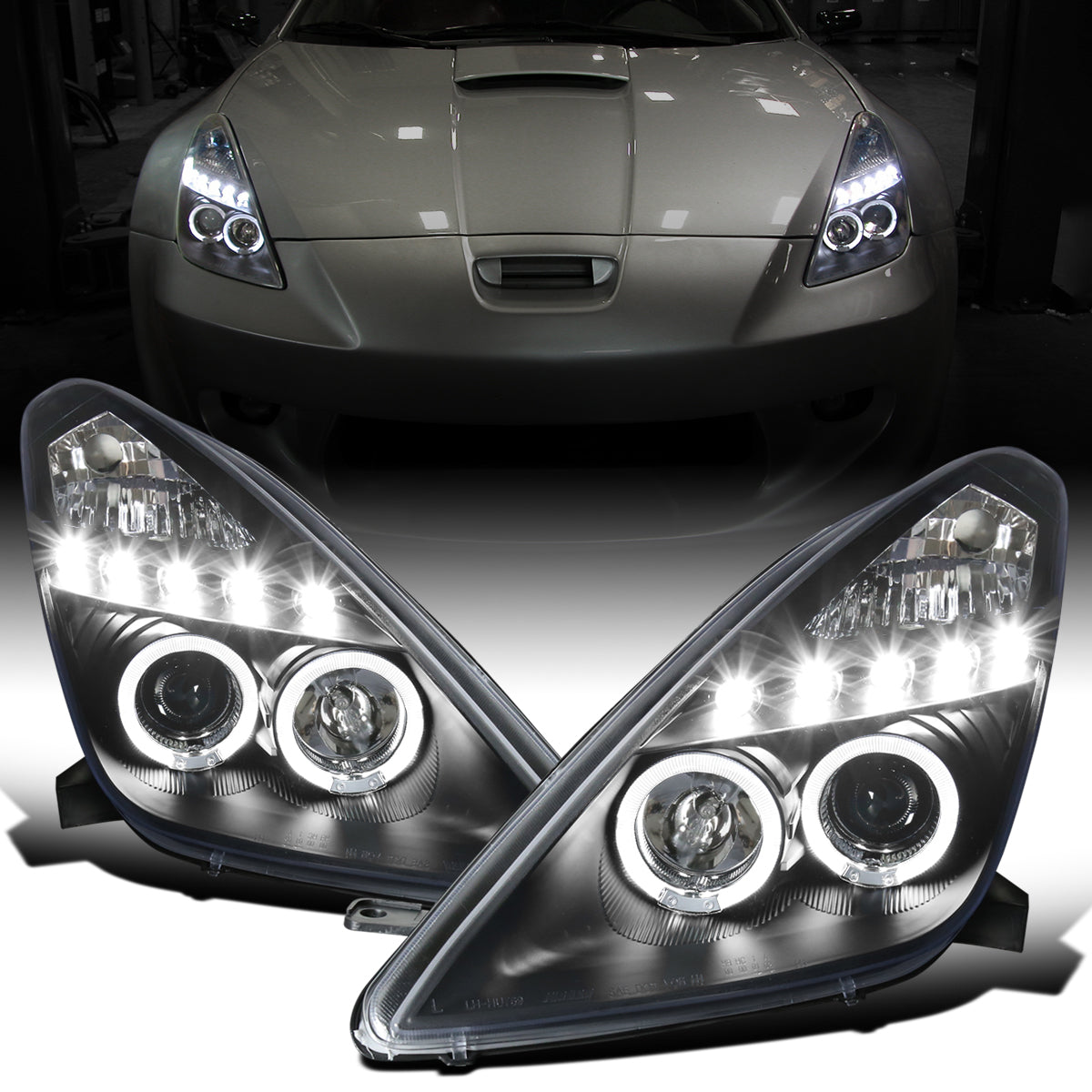 Ronnin - Fits 2000-2005 Toyota Celica LED Dual Rims Projector Headlights Assembly Replacement Pair | Black