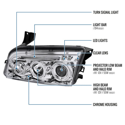 Ronnin - Fits 2006-2010 Dodge Charger LED Dual Rims Projector Halogen Headlights Assembly Pair | Chrome