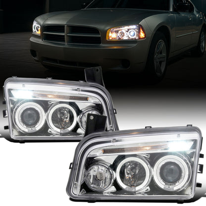 Ronnin - Fits 2006-2010 Dodge Charger LED Dual Rims Projector Halogen Headlights Assembly Pair | Chrome