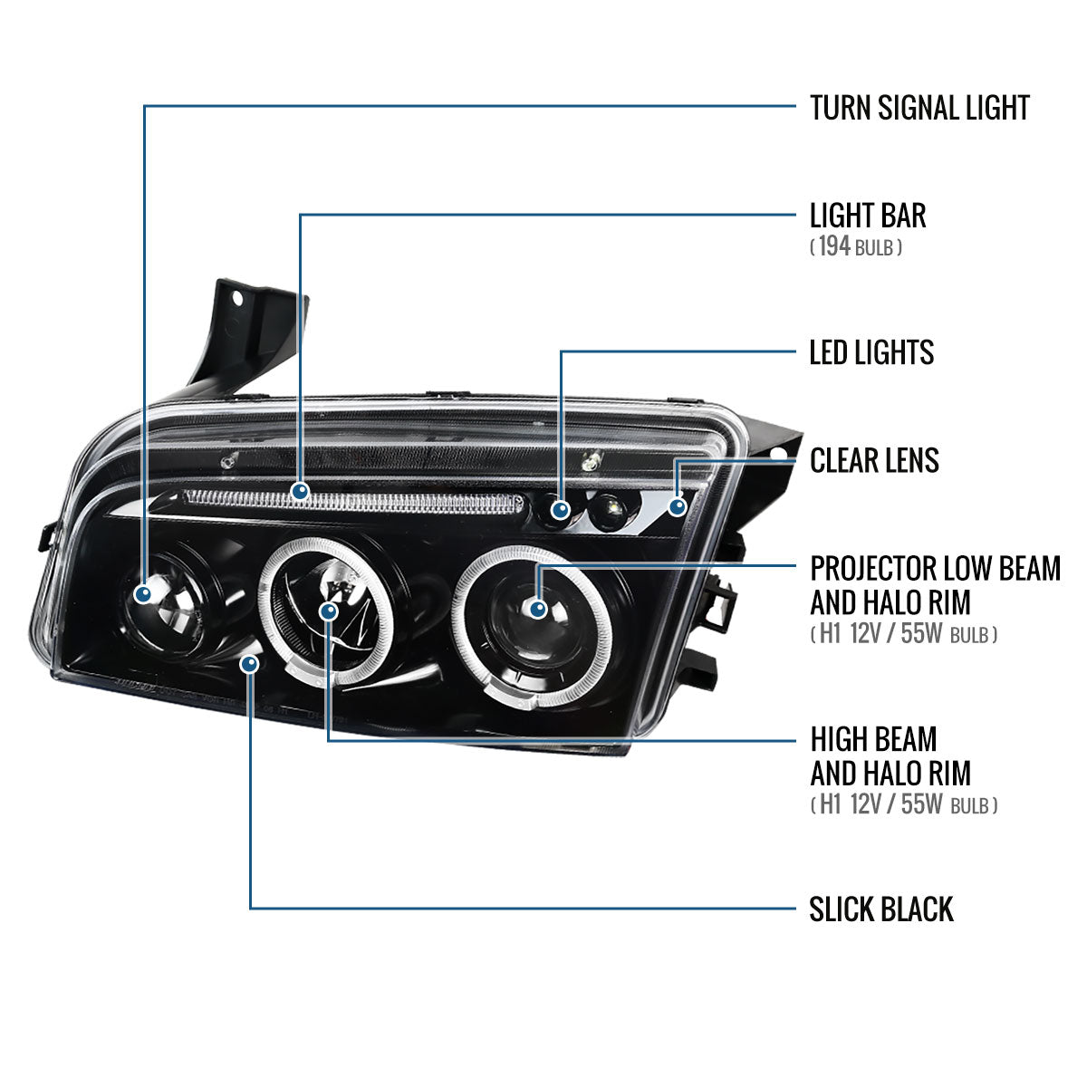 Ronnin - Fits 2006-2010 Dodge Charger LED Dual Rims Projector Halogen Headlights Assembly Pair | Gloss Black