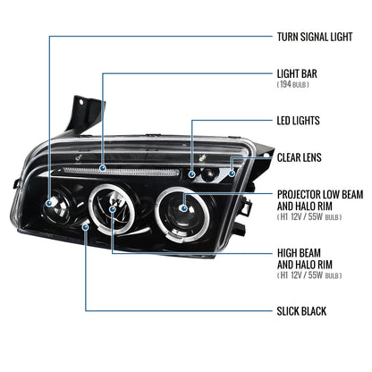 Ronnin - Fits 2006-2010 Dodge Charger LED Dual Rims Projector Halogen Headlights Assembly Pair | Gloss Black