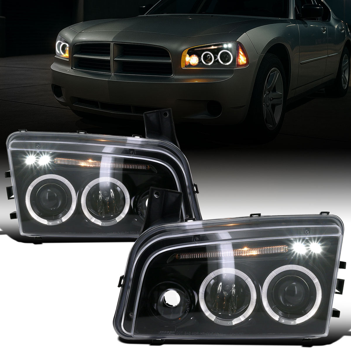 Ronnin - Fits 2006-2010 Dodge Charger LED Dual Rims Projector Halogen Headlights Assembly Pair | Gloss Black