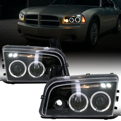 Ronnin - Fits 2006-2010 Dodge Charger LED Dual Rims Projector Halogen Headlights Assembly Pair | Gloss Black