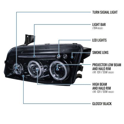 Ronnin - Fits 2006-2010 Dodge Charger LED Dual Rims Projector Halogen Headlights Assembly Pair | Black Smoke