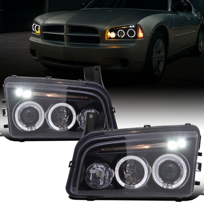 Ronnin - Fits 2006-2010 Dodge Charger LED Dual Rims Projector Halogen Headlights Assembly Pair | Black Smoke