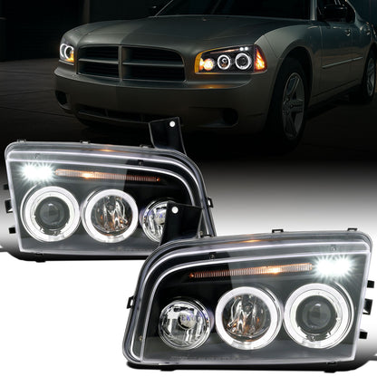 Ronnin - Fits 2006-2010 Dodge Charger LED Dual Rims Projector Halogen Headlights Assembly Pair | Black