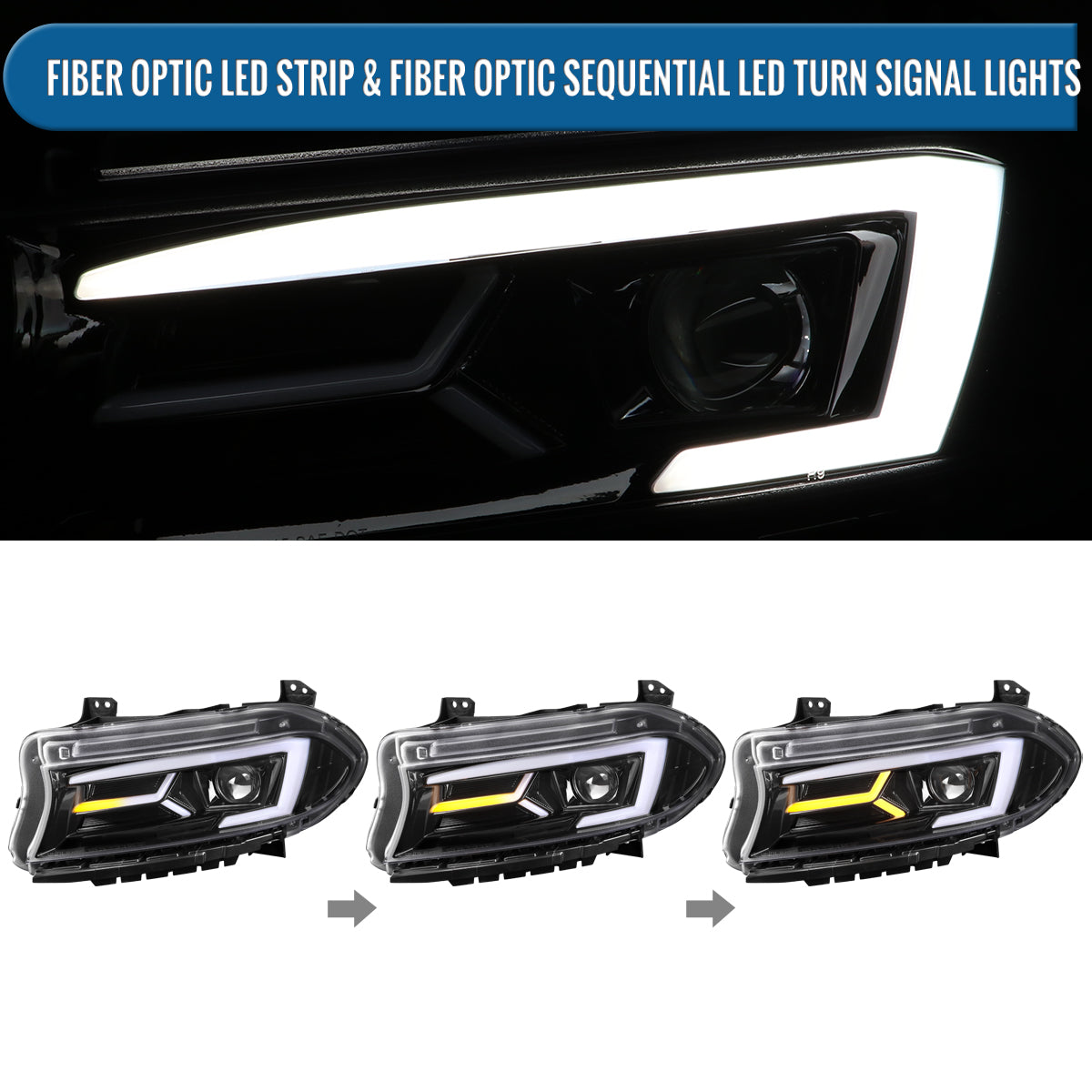 Ronnin - Compatible con Dodge Charger 2015-2023, Luces Delanteras Halógenas con Proyector y Direccionales Secuenciales LED Mejoradas, Par | Negro Brillante