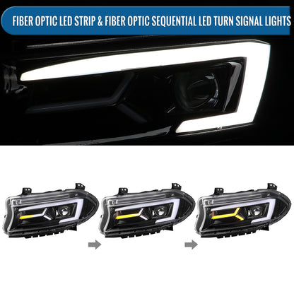Ronnin - Compatible con Dodge Charger 2015-2023, Luces Delanteras Halógenas con Proyector y Direccionales Secuenciales LED Mejoradas, Par | Negro Brillante