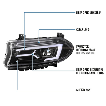 Ronnin - Compatible con Dodge Charger 2015-2023, Luces Delanteras Halógenas con Proyector y Direccionales Secuenciales LED Mejoradas, Par | Negro Brillante