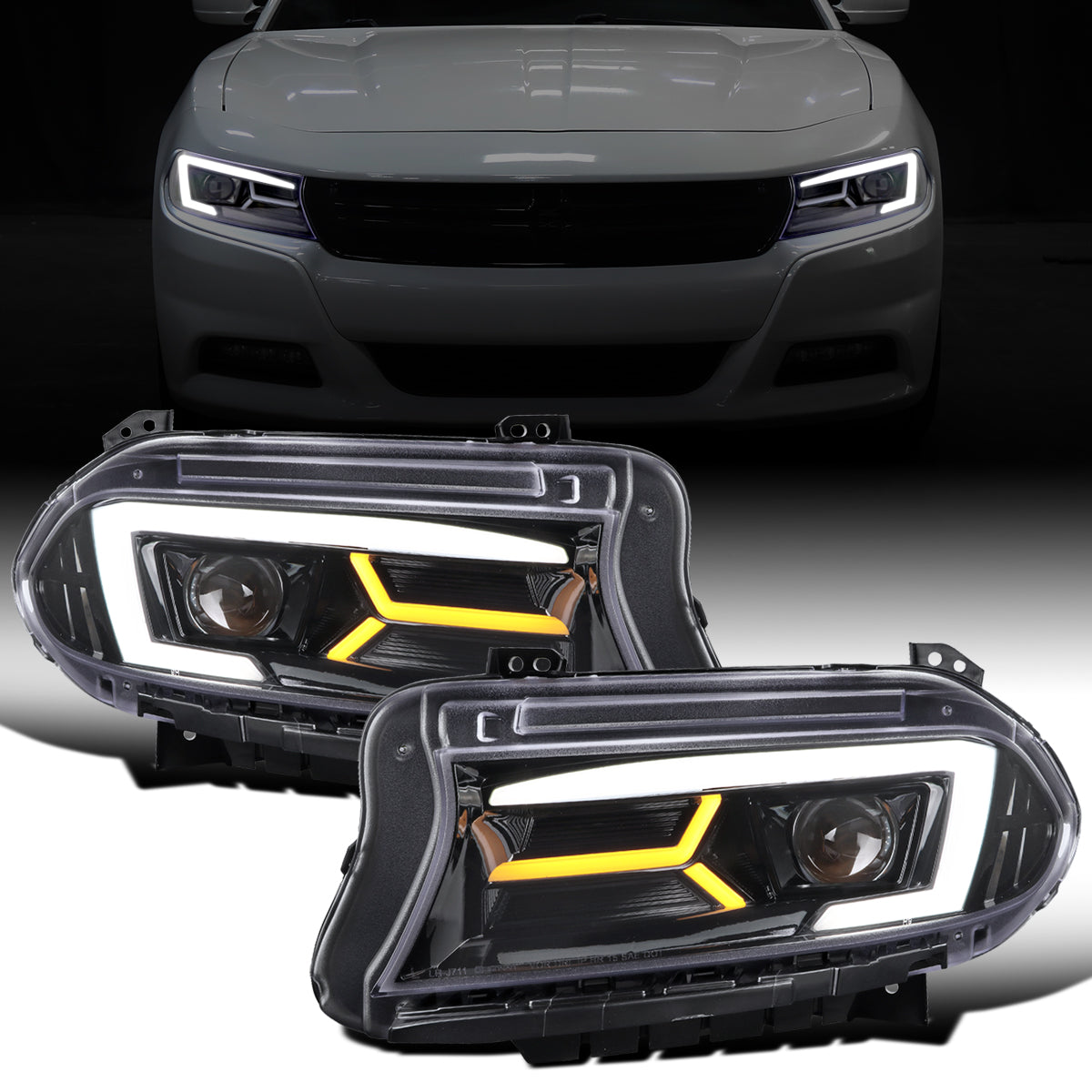 Ronnin - Compatible con Dodge Charger 2015-2023, Luces Delanteras Halógenas con Proyector y Direccionales Secuenciales LED Mejoradas, Par | Negro Brillante