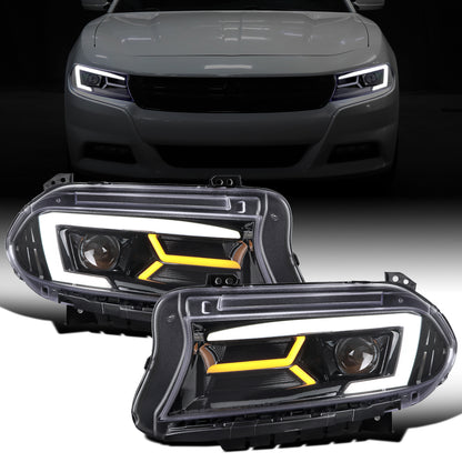 Ronnin - Compatible con Dodge Charger 2015-2023, Luces Delanteras Halógenas con Proyector y Direccionales Secuenciales LED Mejoradas, Par | Negro Brillante