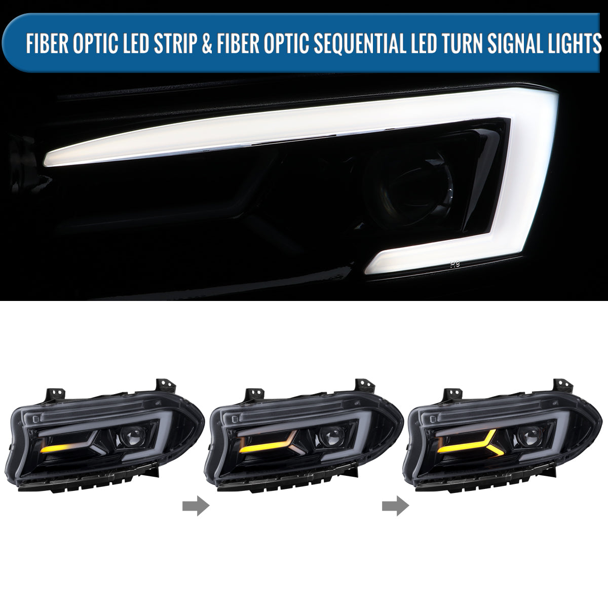 Ronnin - Compatible con Dodge Charger 2015-2023, Luces Delanteras Halógenas con Proyector LED Secuenciales Mejoradas de Repuesto, Par | Negro Humo