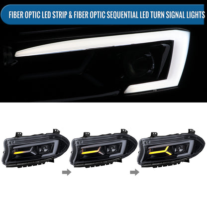 Ronnin - Compatible con Dodge Charger 2015-2023, Luces Delanteras Halógenas con Proyector LED Secuenciales Mejoradas de Repuesto, Par | Negro Humo