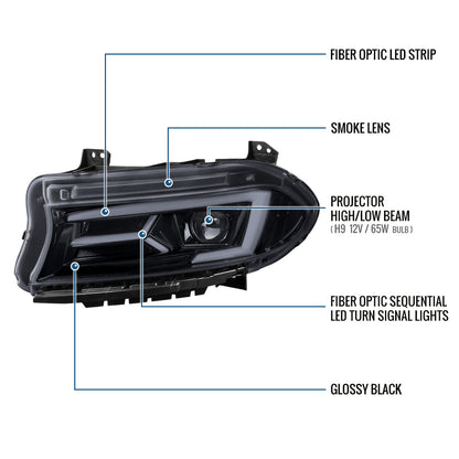 Ronnin - Compatible con Dodge Charger 2015-2023, Luces Delanteras Halógenas con Proyector LED Secuenciales Mejoradas de Repuesto, Par | Negro Humo