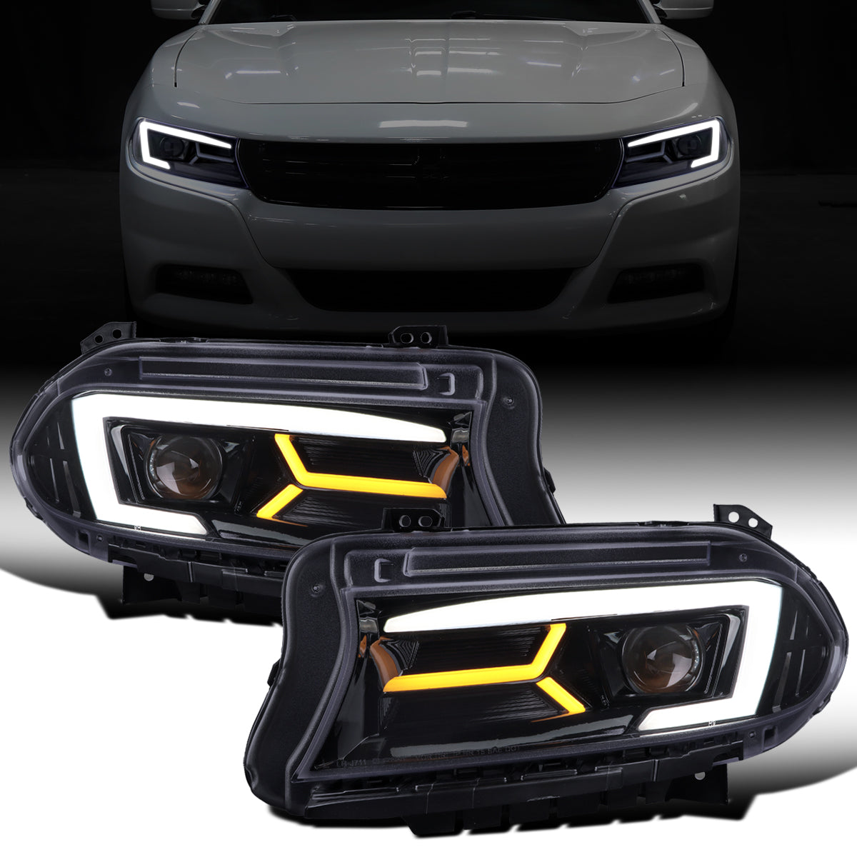 Ronnin - Compatible con Dodge Charger 2015-2023, Luces Delanteras Halógenas con Proyector LED Secuenciales Mejoradas de Repuesto, Par | Negro Humo