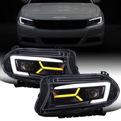 Ronnin - Compatible con Dodge Charger 2015-2023, Luces Delanteras Halógenas con Proyector LED Secuenciales Mejoradas de Repuesto, Par | Negro Humo