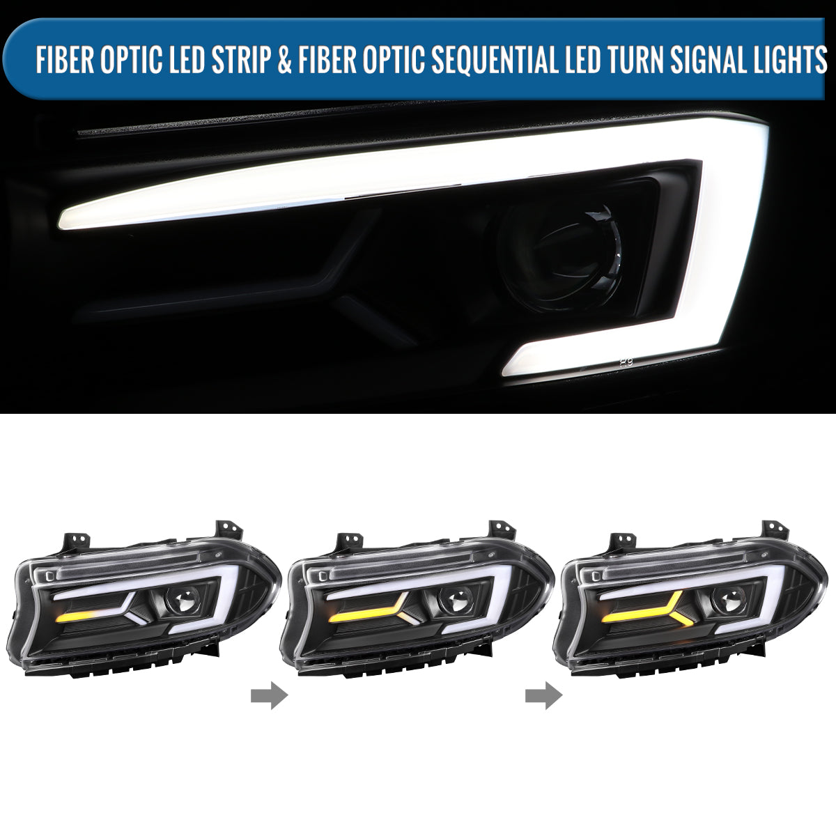 Ronnin - Compatible con Dodge Charger 2015-2023, Luces Delanteras Halógenas con Proyector LED Secuencial y Direccionales Mejoradas, Par | Negro