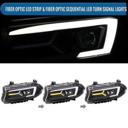 Ronnin - Compatible con Dodge Charger 2015-2023, Luces Delanteras Halógenas con Proyector LED Secuencial y Direccionales Mejoradas, Par | Negro