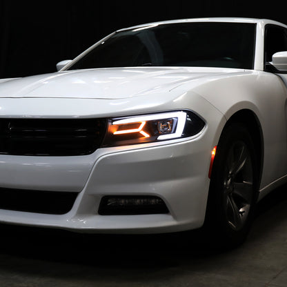 Ronnin - Compatible con Dodge Charger 2015-2023, Luces Delanteras Halógenas con Proyector LED Secuencial y Direccionales Mejoradas, Par | Negro