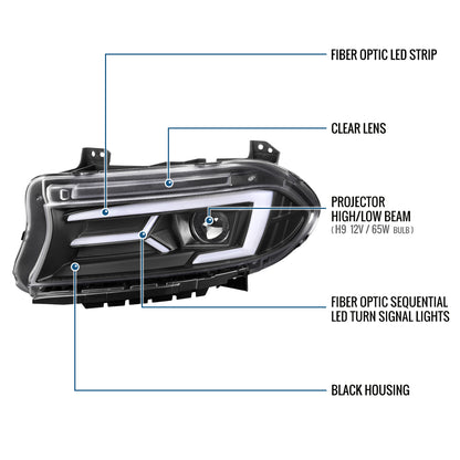 Ronnin - Compatible con Dodge Charger 2015-2023, Luces Delanteras Halógenas con Proyector LED Secuencial y Direccionales Mejoradas, Par | Negro