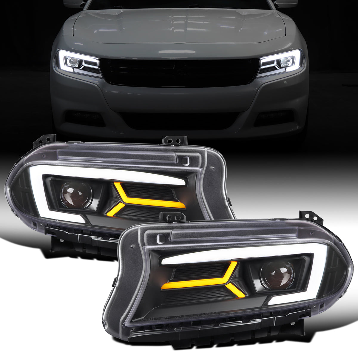 Ronnin - Compatible con Dodge Charger 2015-2023, Luces Delanteras Halógenas con Proyector LED Secuencial y Direccionales Mejoradas, Par | Negro