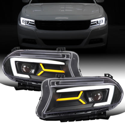 Ronnin - Compatible con Dodge Charger 2015-2023, Luces Delanteras Halógenas con Proyector LED Secuencial y Direccionales Mejoradas, Par | Negro