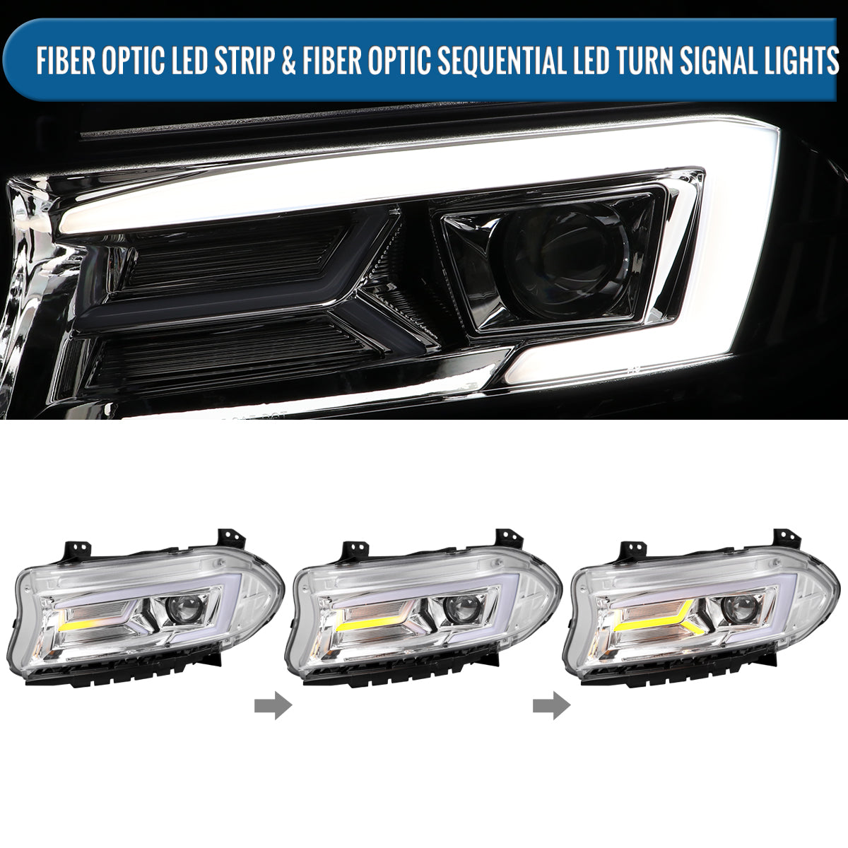 Ronnin - Compatible con Dodge Charger 2015-2023 | Par de faros delanteros halógenos de proyector con intermitentes LED secuenciales de repuesto mejorados | Cromados