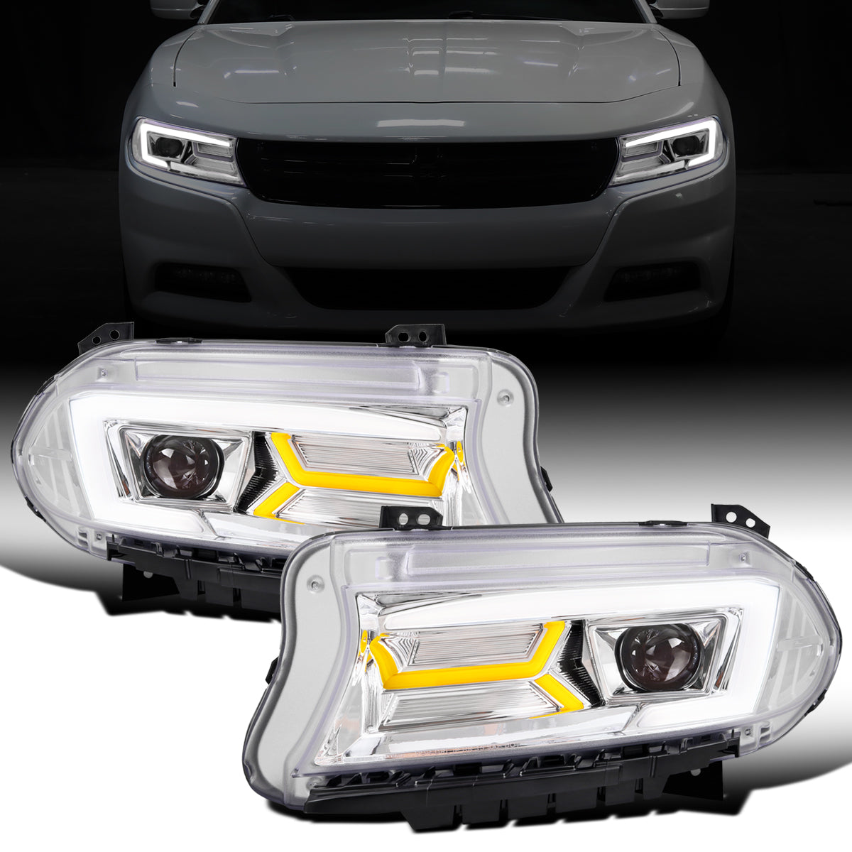 Ronnin - Compatible con Dodge Charger 2015-2023 | Par de faros delanteros halógenos de proyector con intermitentes LED secuenciales de repuesto mejorados | Cromados