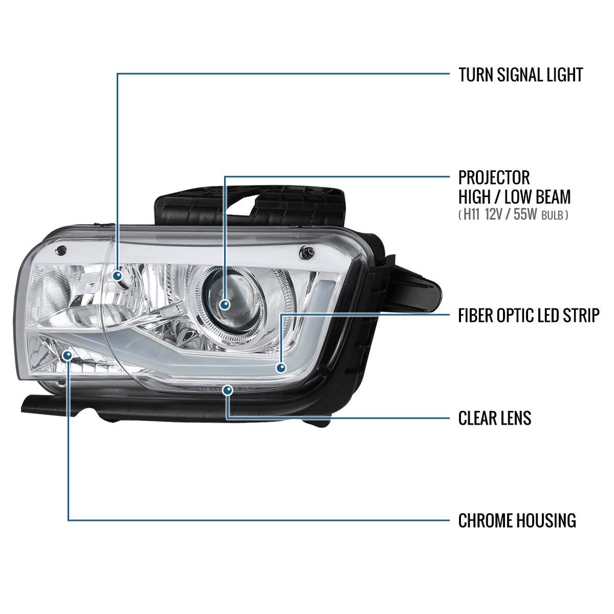 Ronnin - Compatible con Chevy Camaro 2010-2013, par de conjuntos de faros delanteros tipo proyector halógeno con tubo de luz LED de circulación diurna mejorado | Cromado