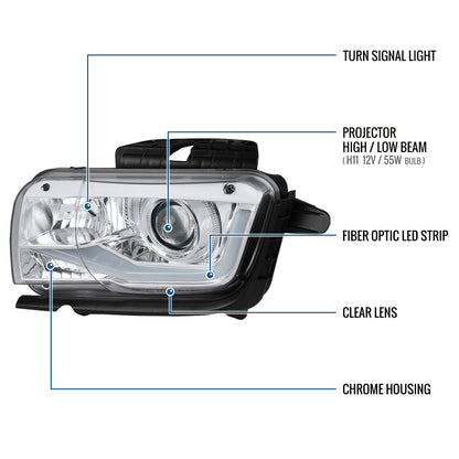Ronnin - Compatible con Chevy Camaro 2010-2013, par de conjuntos de faros delanteros tipo proyector halógeno con tubo de luz LED de circulación diurna mejorado | Cromado