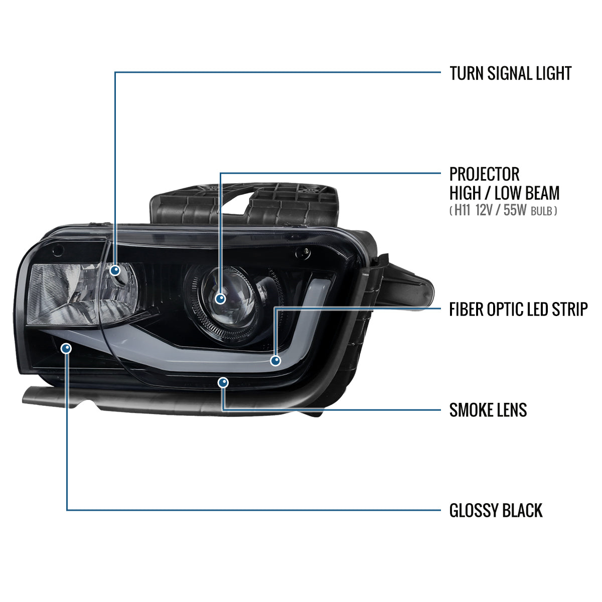 2010-2013 Chevy Camaro Upgrade Replacement LED Running Light Tube Halogen Projector Headlights Assembly Pair | Black Smoke