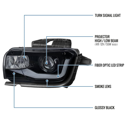 2010-2013 Chevy Camaro Upgrade Replacement LED Running Light Tube Halogen Projector Headlights Assembly Pair | Black Smoke