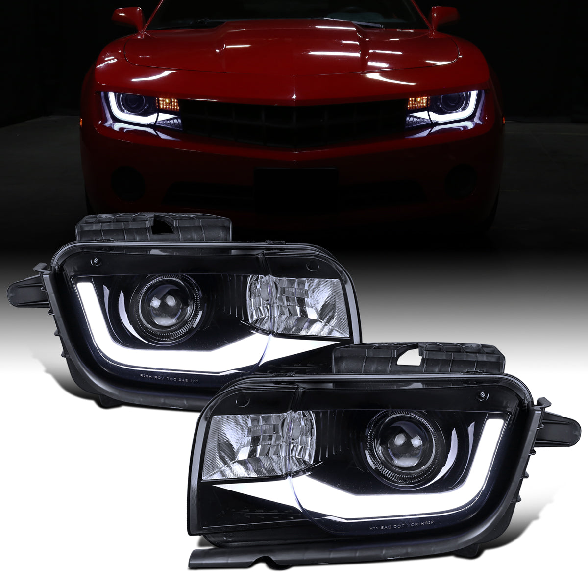 2010-2013 Chevy Camaro Upgrade Replacement LED Running Light Tube Halogen Projector Headlights Assembly Pair | Black Smoke