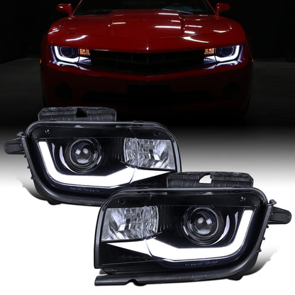 2010-2013 Chevy Camaro Upgrade Replacement LED Running Light Tube Halogen Projector Headlights Assembly Pair | Black Smoke