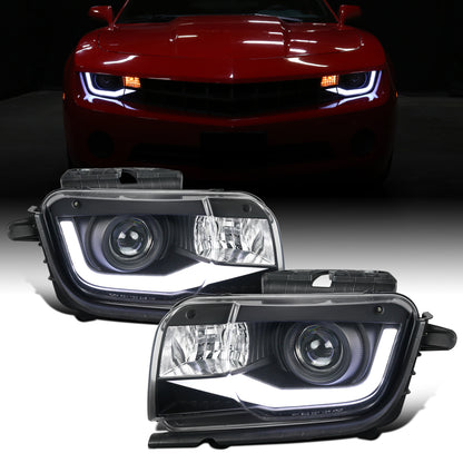 Ronnin - Faros delanteros con proyector halógeno y tubo de luz LED de circulación diurna, de repuesto y mejora, para Chevy Camaro 2010-2013 | Negro