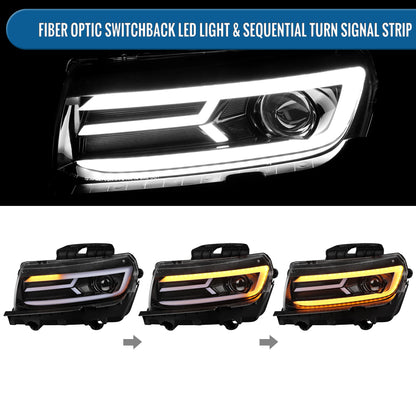 Ronnin - Fits 2014-2015 Chevy Camaro Halogen Projector Headlights Switchback LED Sequential Turn Signal Pair | Glossy Black